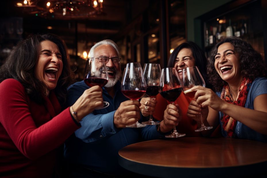 Group of adults laughing and raising their glasses