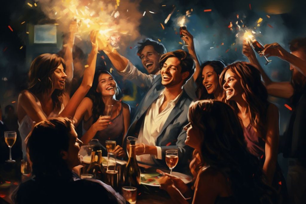 Group of friends raising a toast at a party