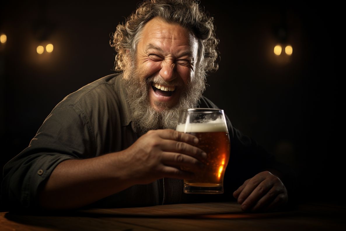 Man laughing with a beer in hand