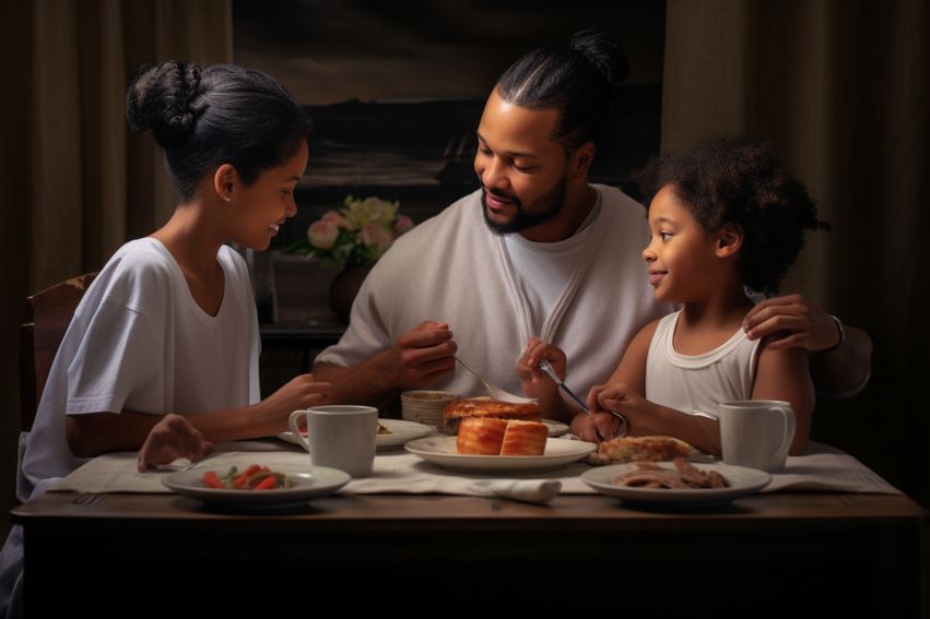 African American family enjoying breakfast