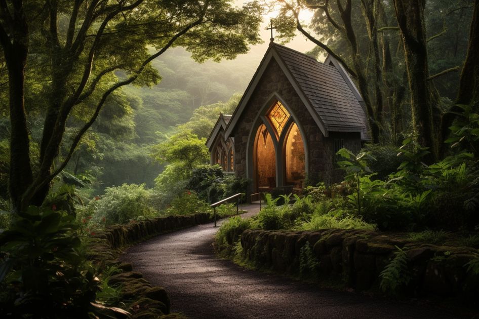 A peaceful chapel in the middle of a natural setting, symbolizing a Kairos retreat location.