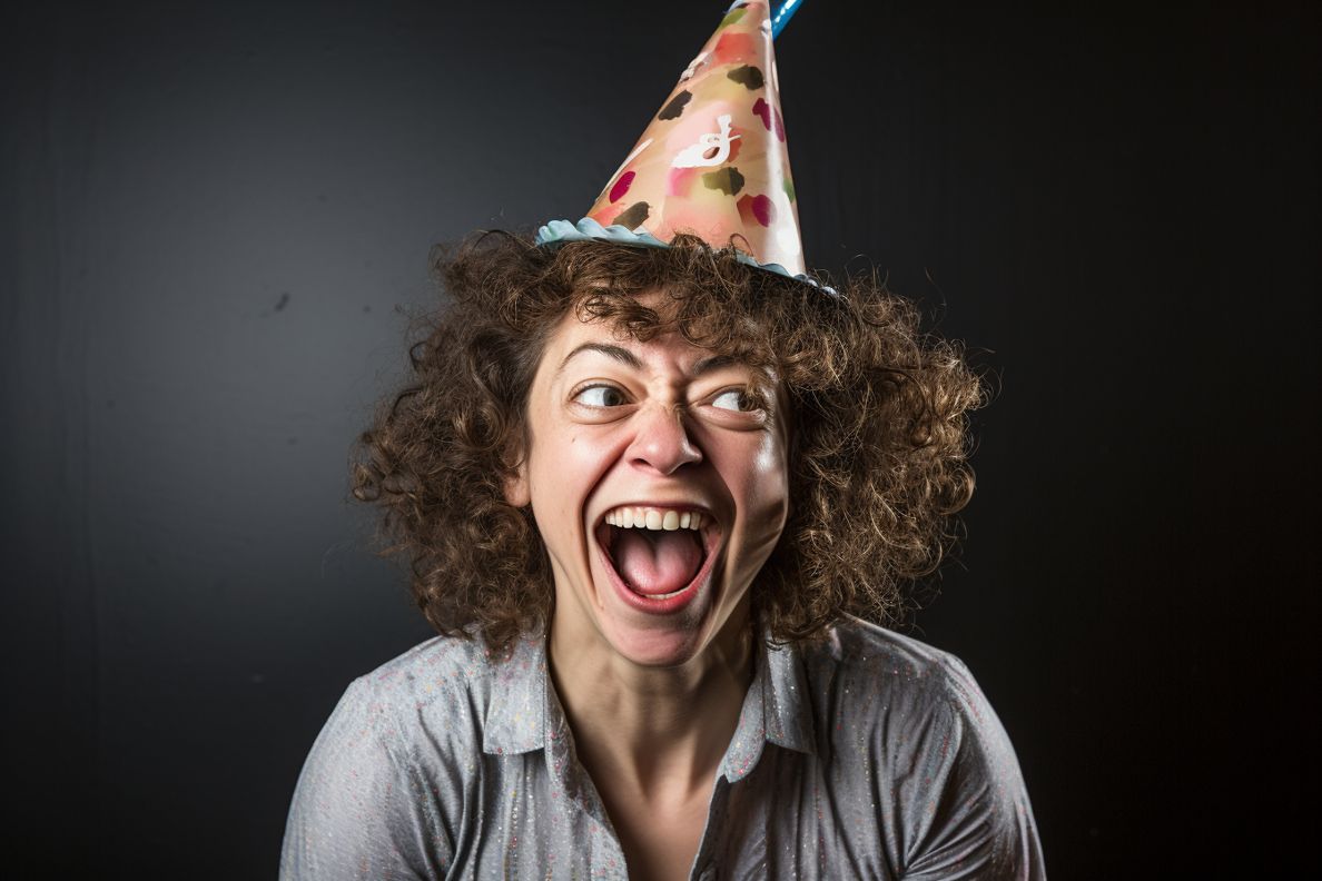 A strong woman laughing, wearing a birthday hat