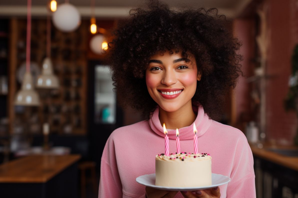 A strong woman smiling confidently holding a birthday cake