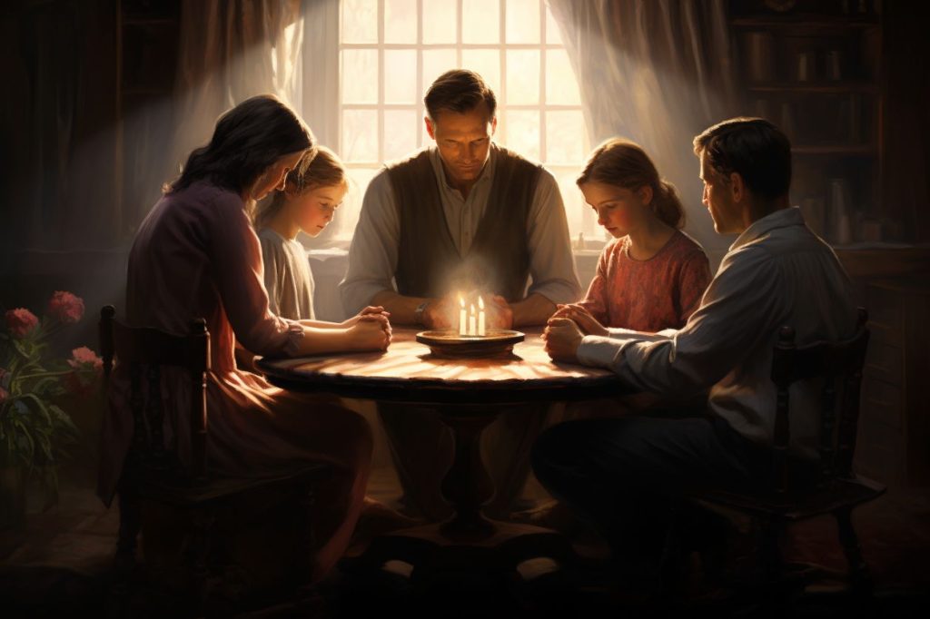 alt text: "family holding hands in prayer around a table, expressing gratitude before a meal" (keyword: gratitude)