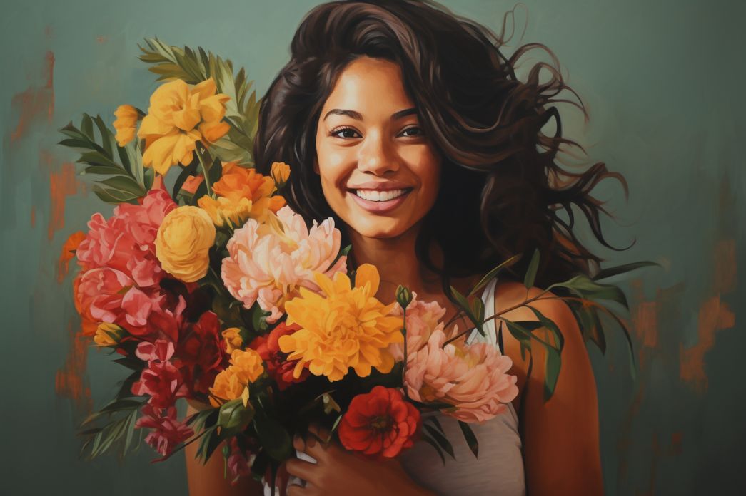 A woman holding a bouquet of flowers and smiling