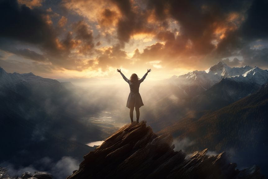 A woman standing on a mountain top, arms raised in celebration