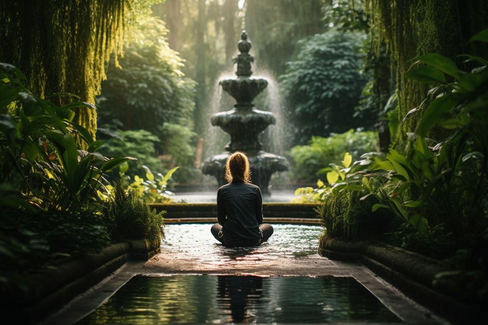 alt text: person praying in a garden with a fountain, symbolizing peace and tranquility.
