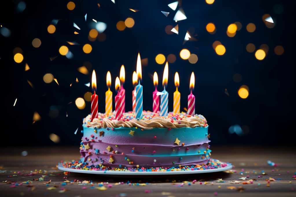 alt text: colorful birthday cake with lit candles and confetti, representing excitement and celebration for a birthday month.