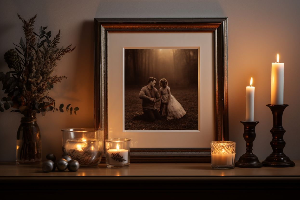 Candlelit vigil with a framed photograph
