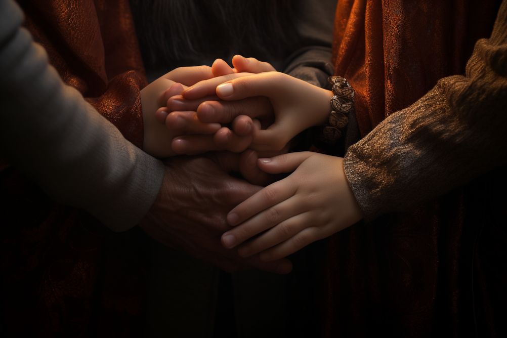 Family holding hands in prayer