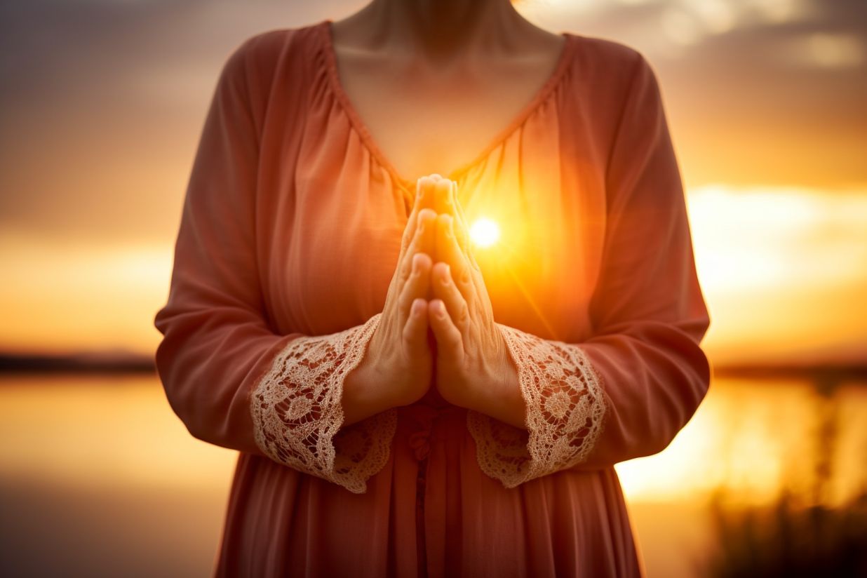 Hands clasped in morning prayer with sunrise background