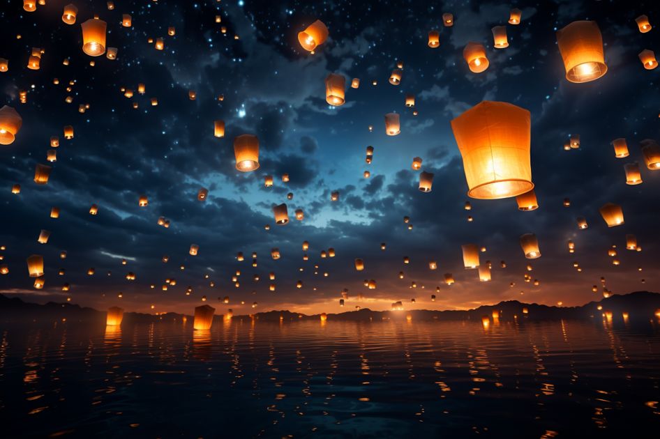 alt text: "peaceful sky with floating lanterns, creating a serene atmosphere for honoring a daughter's heavenly birthday." keyword: "heavenly birthday."