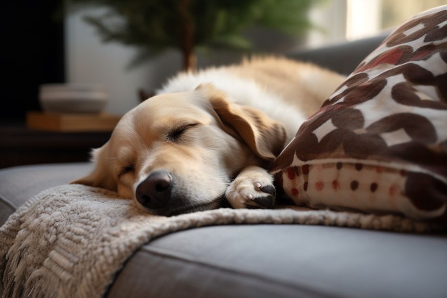 alt text for the illustration image: "a dog taking a nap on a comfortable pillow, with its paw resting on its nose" (keywords: dog, pillow, nap)