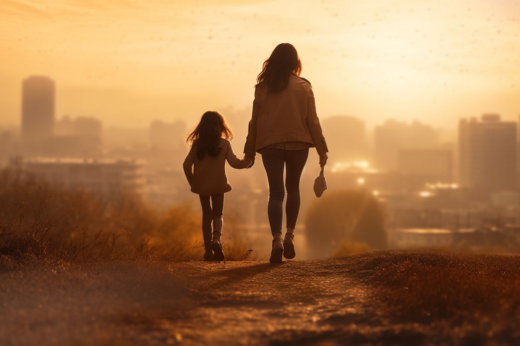 Mother and daughter holding hands and walking together in the morning