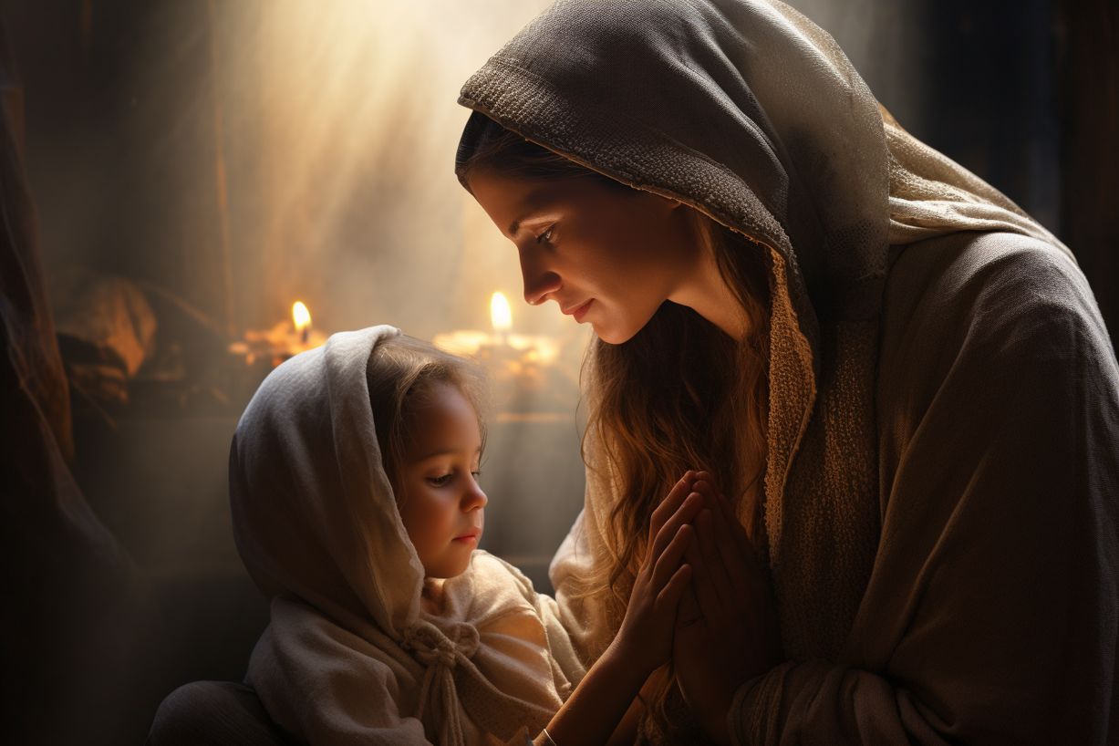 Mother praying with her child