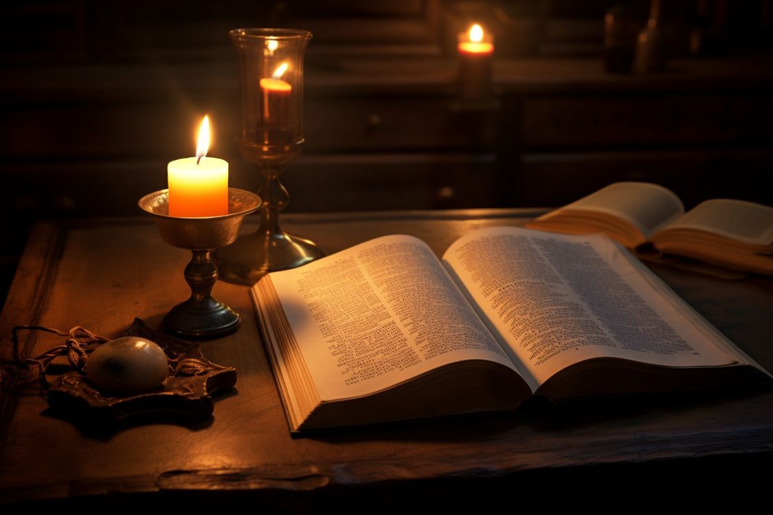 Open Bible and lit candle
