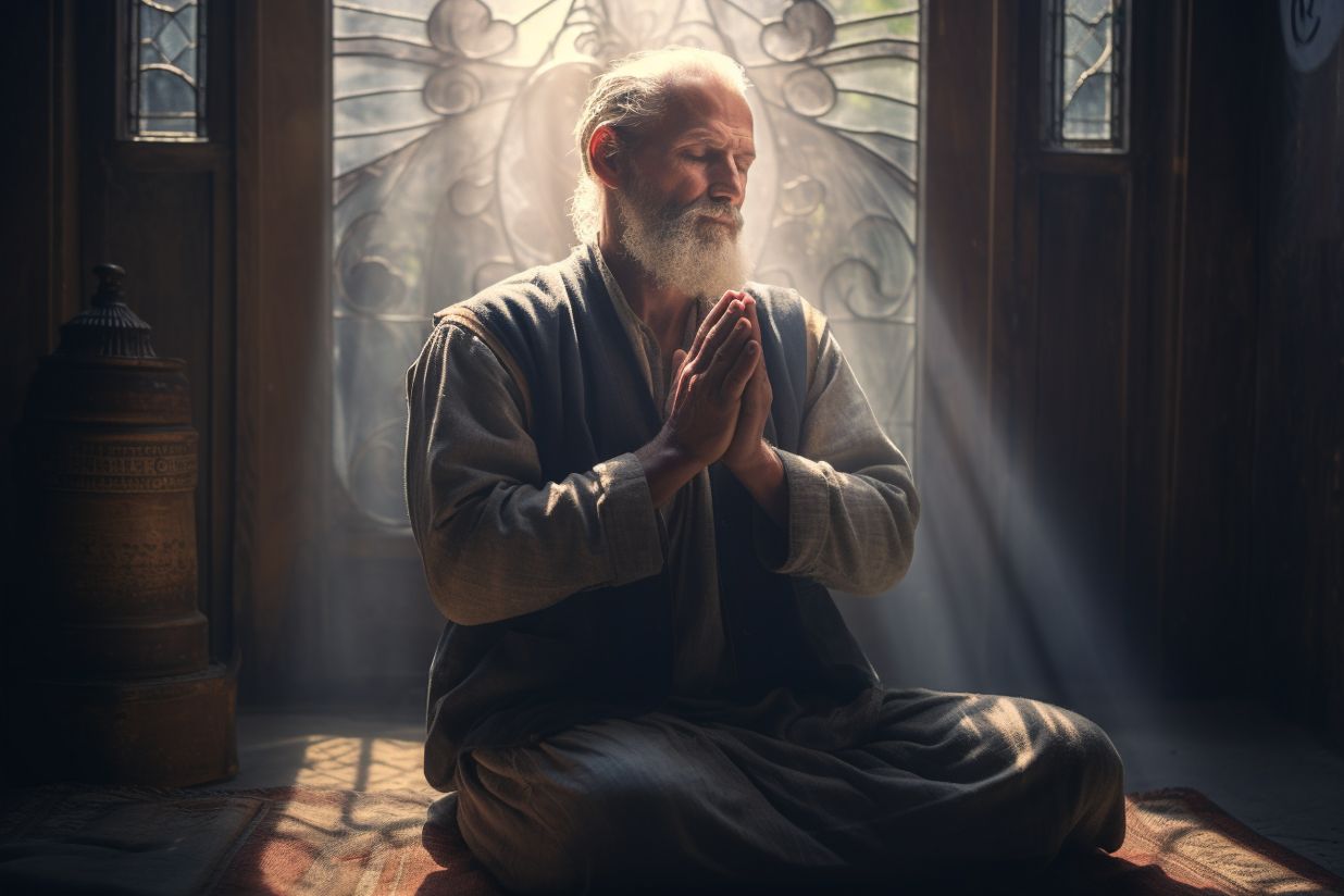 Person in deep prayer with sunlight streaming in from a window