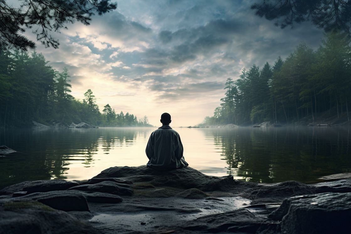Person in prayer at the edge of a serene lake