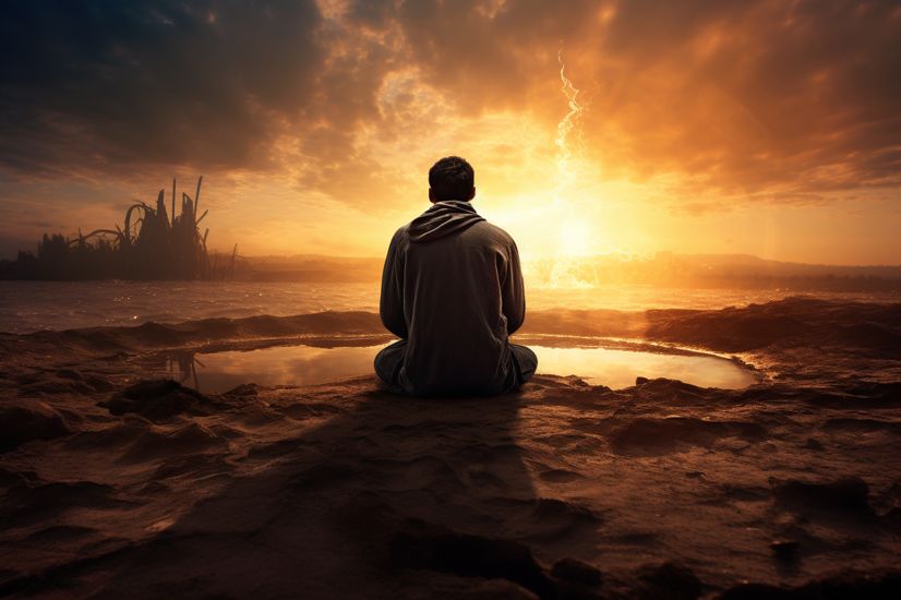 Person in prayer during a peaceful sunrise