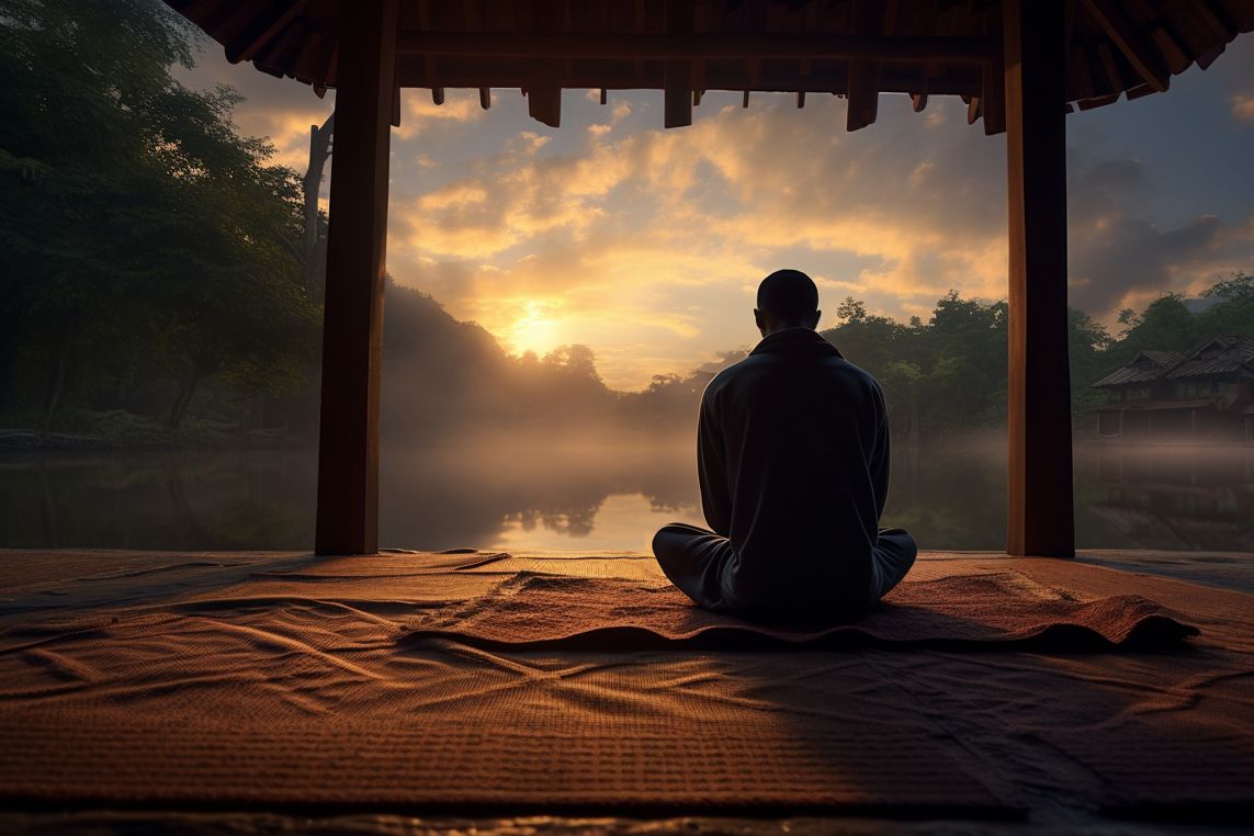 Person praying outdoors during sunrise