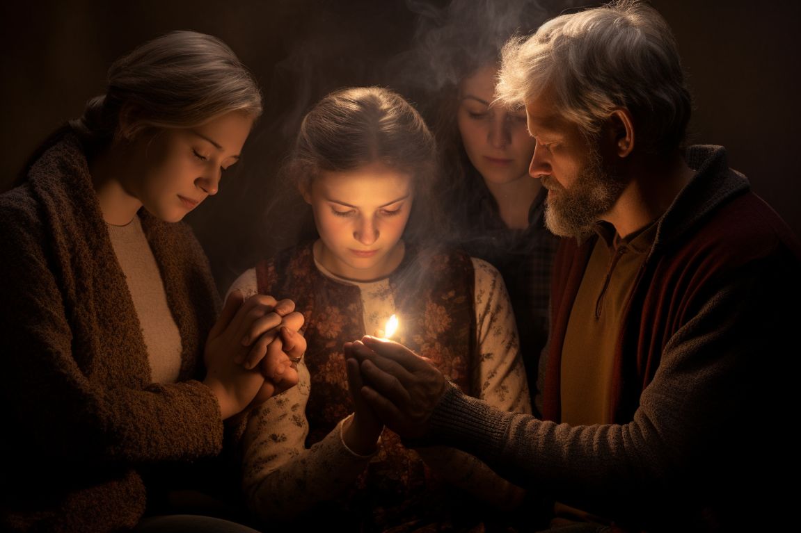 Person praying with a family, symbolizing intimacy with God and loved ones.