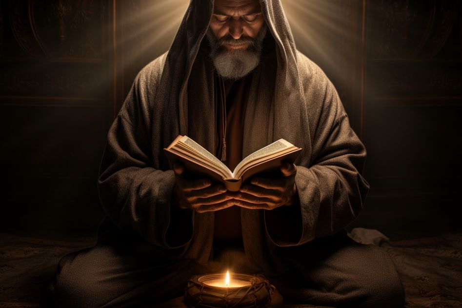 Person praying with an open book in front