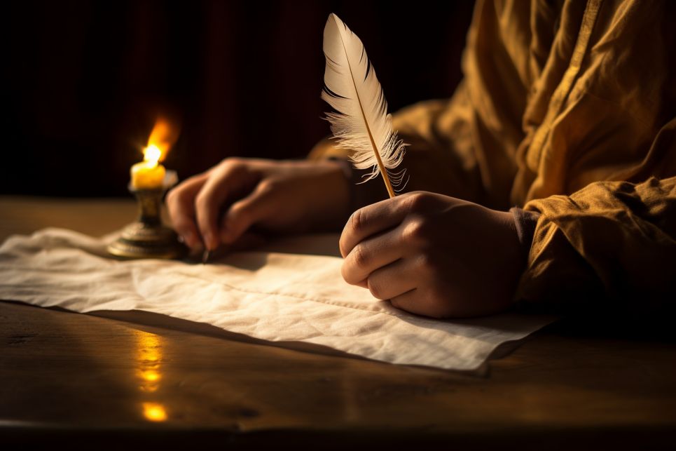 Person writing a letter with a feather pen, symbolizing the thoughtful process of writing a Kairos retreat letter.