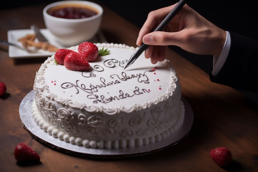 Person writing farewell message on cake