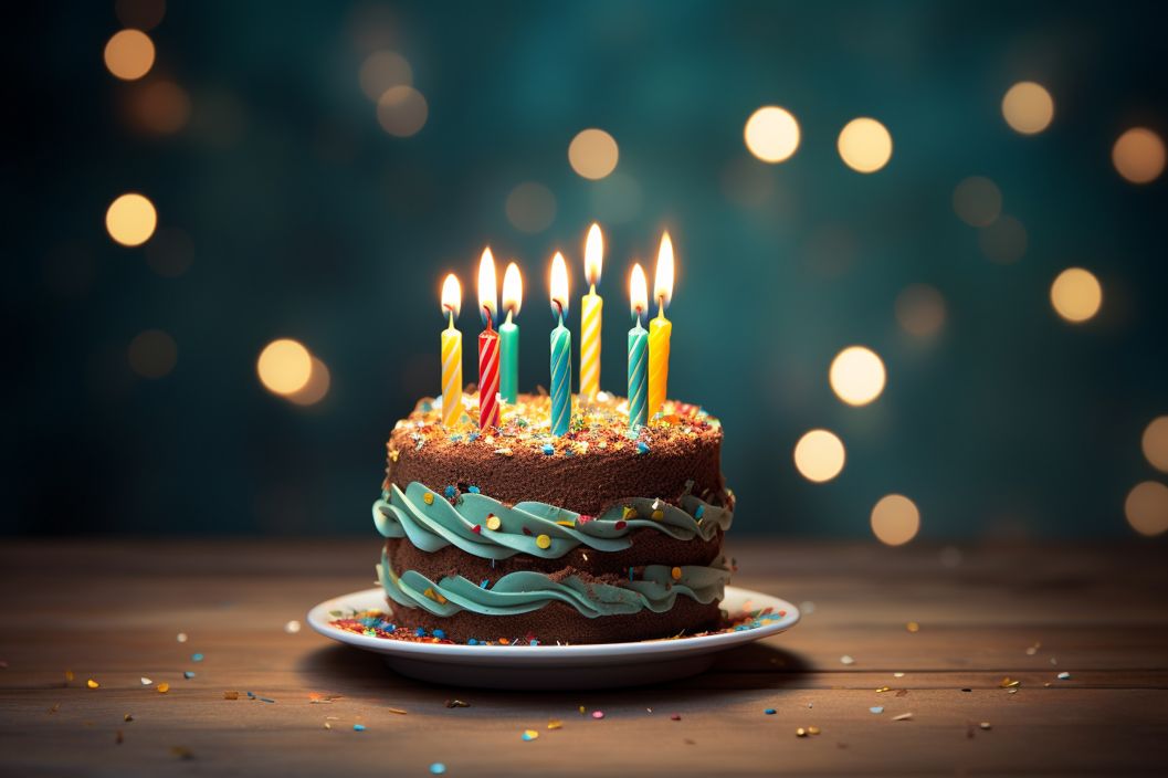 Photo of a birthday cake with one lit candle