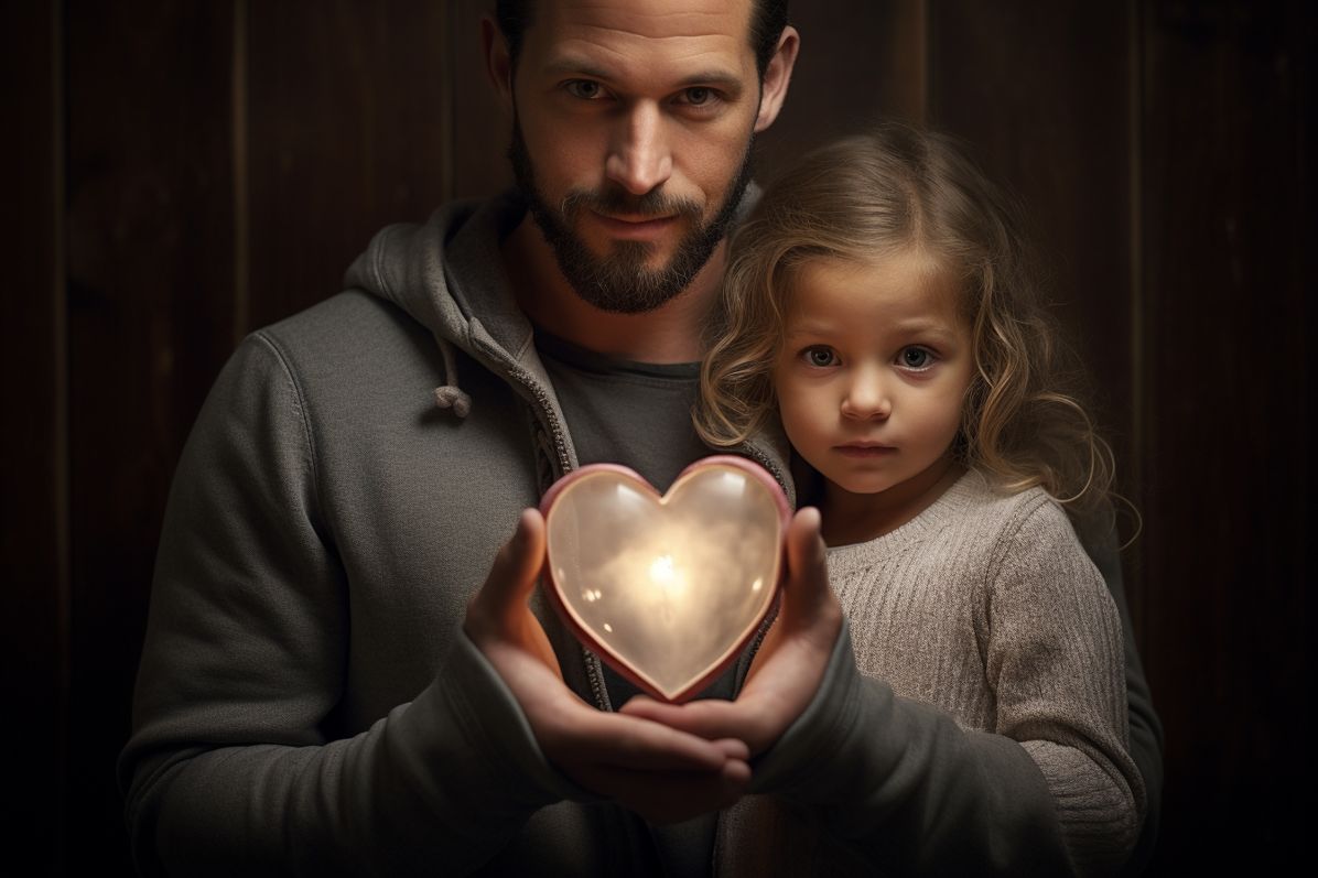 Photo of a father holding his daughter's picture close to his heart