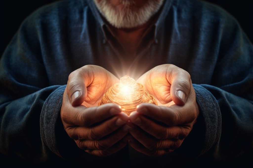 alt text for the illustration image: "hands holding a divine light in prayer, symbolizing spirituality and connection with god."