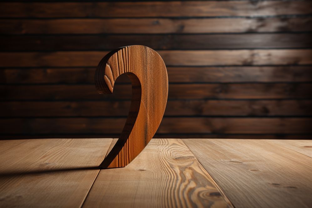 Question mark symbol on a wooden table