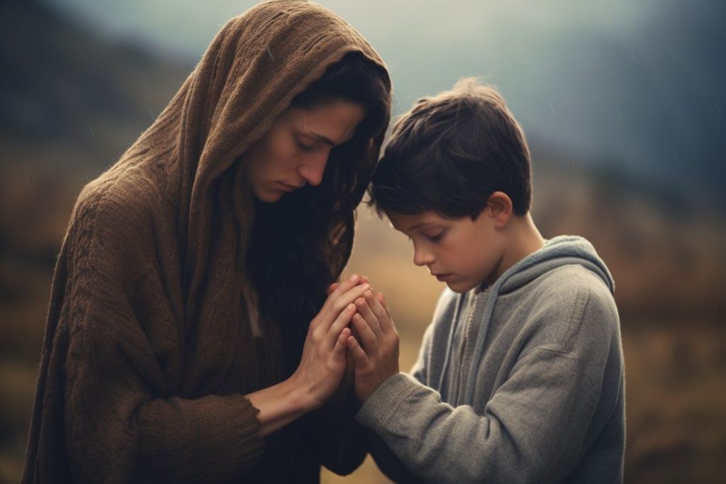alt text: "mother and son praying together, showing the importance of family prayer for guidance and protection." (keyword: family prayer)