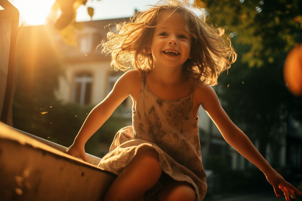 Small girl happily playing under the morning sun