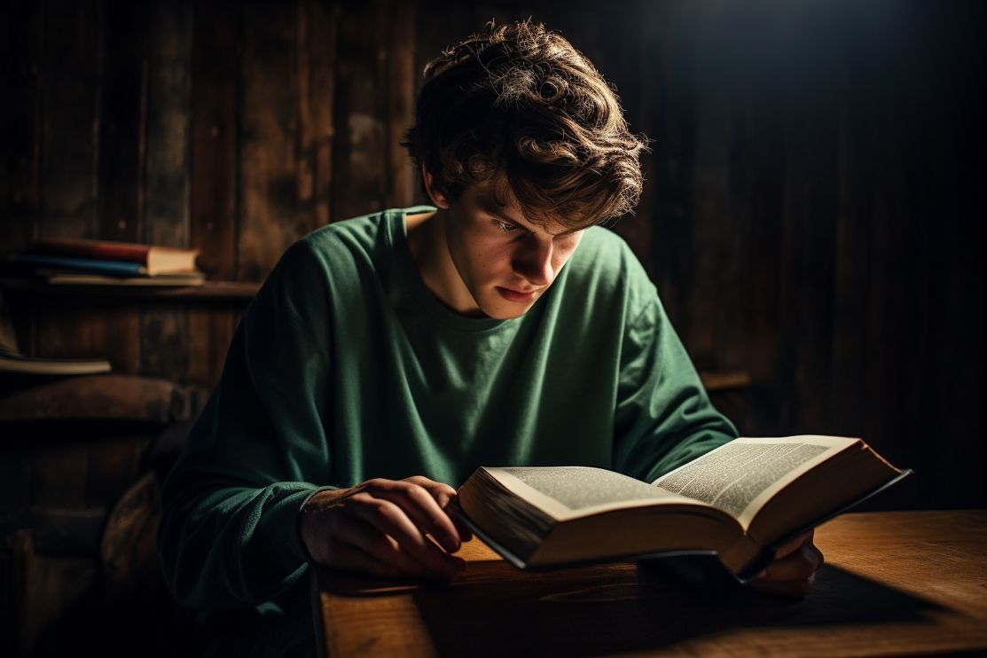 Student studying with a bible next to him
