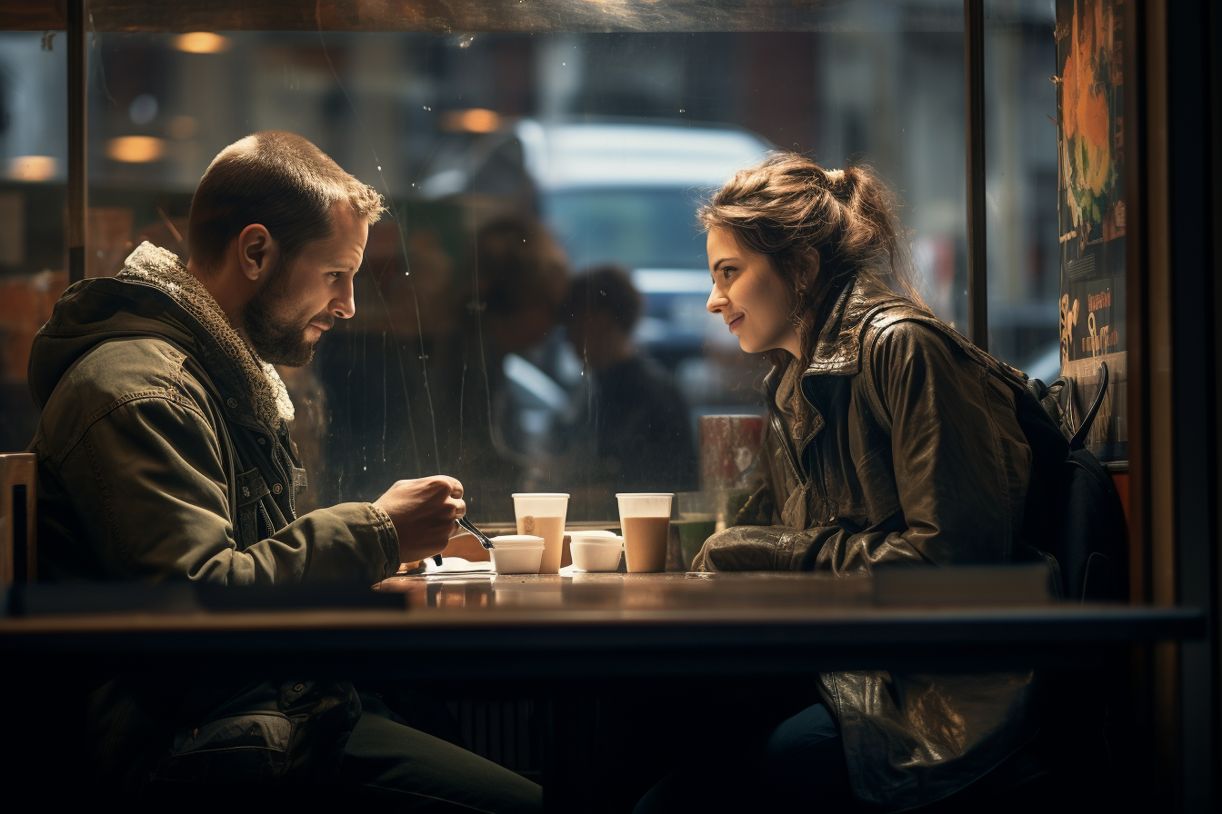 Two people having a conversation at a café