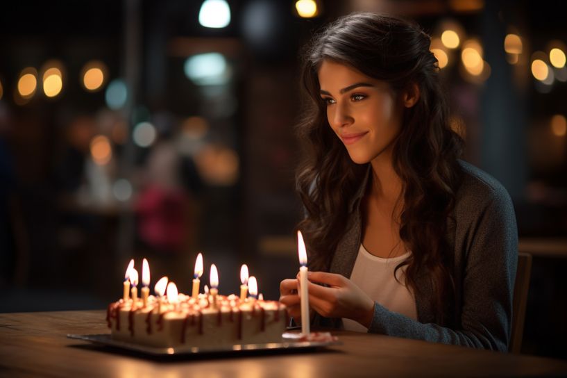 Woman looking at a birthday cake with one candle