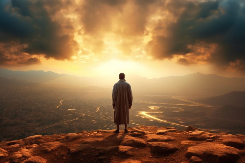 "silhouette of a person praying on a hilltop at sunrise, symbolizing the spiritual connection with god and the beginning of a blessed day." (keyword: blessed)