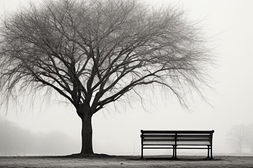 Black and white photo of a lonely park bench under a leafless tree