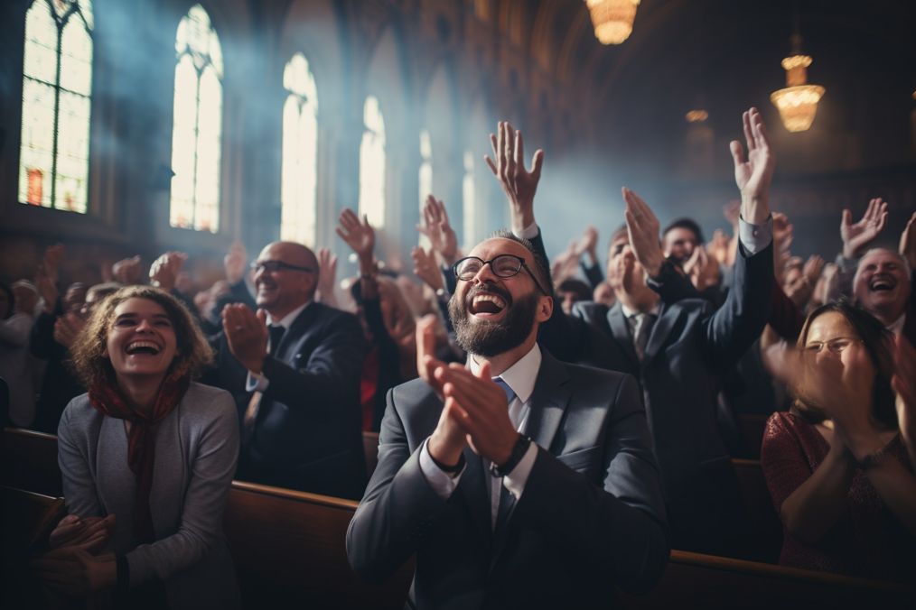 Joyful congregation clapping during a church anniversary celebration