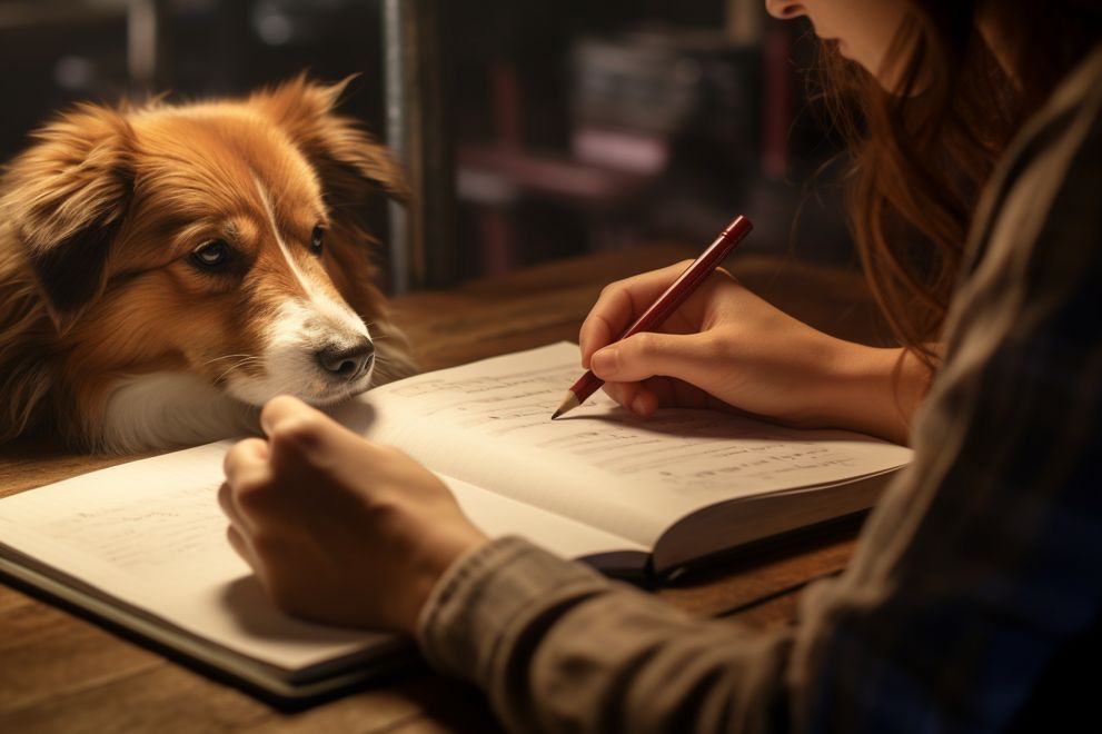 Person writing with a picture of a dog in the background
