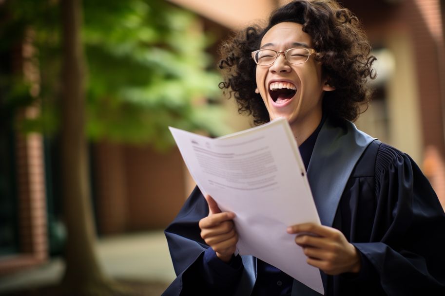 Student laughing while reading a congratulatory message