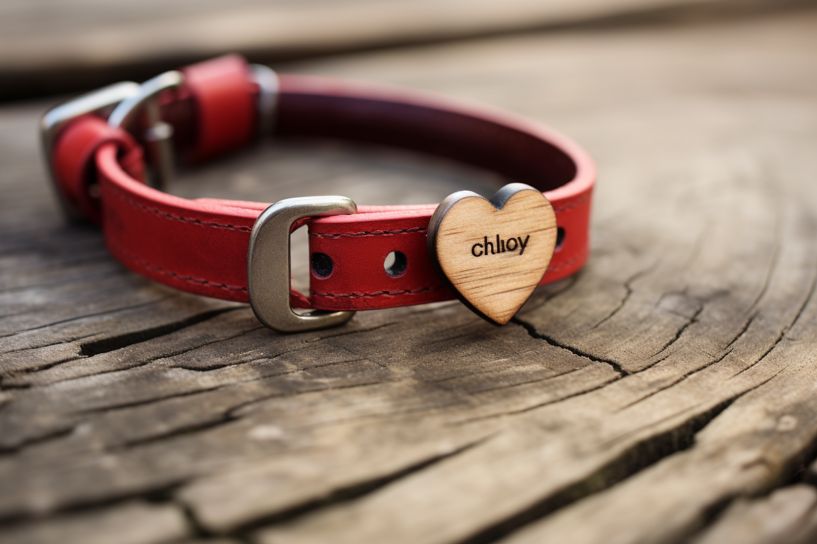 dog collar with heart-shaped tag on a wooden table: dog collar with heart tag person holding a dogs paw: person holding dogs paw dogs favorite items arranged on a bed: dogs leash, chew toy, and blanket person writing with a picture of a dog in the background: person writing with dog picture