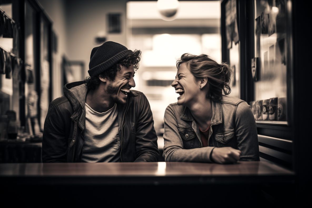 Two friends laughing together at a cafe