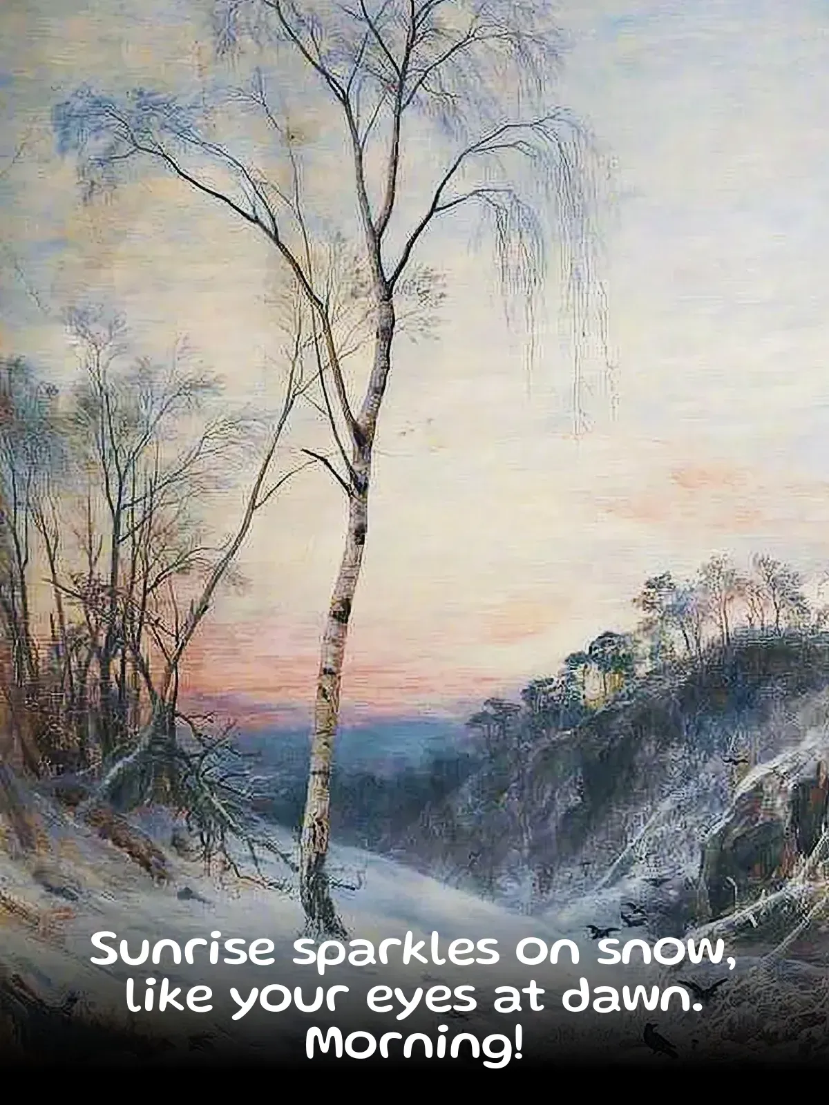 A serene snowy landscape with trees, a sunset, and a figure walking.