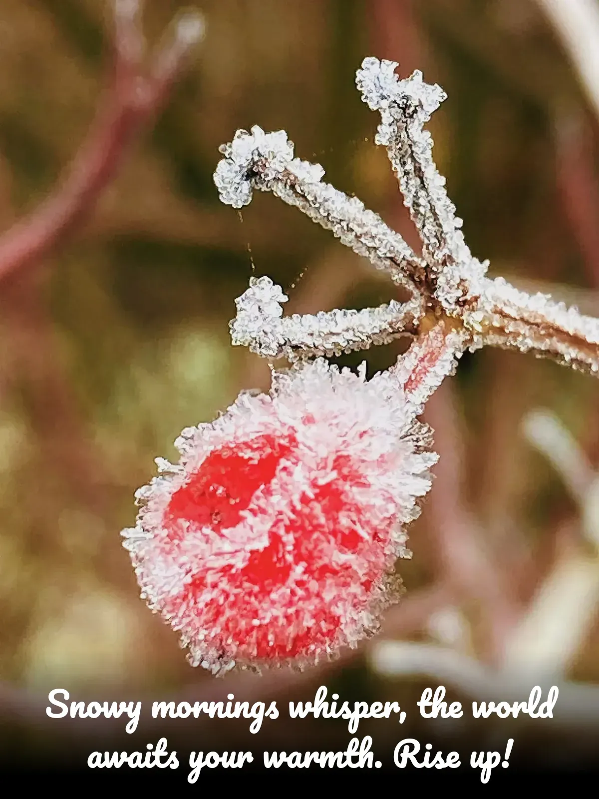 A frost-covered red berry on a snowy branch
