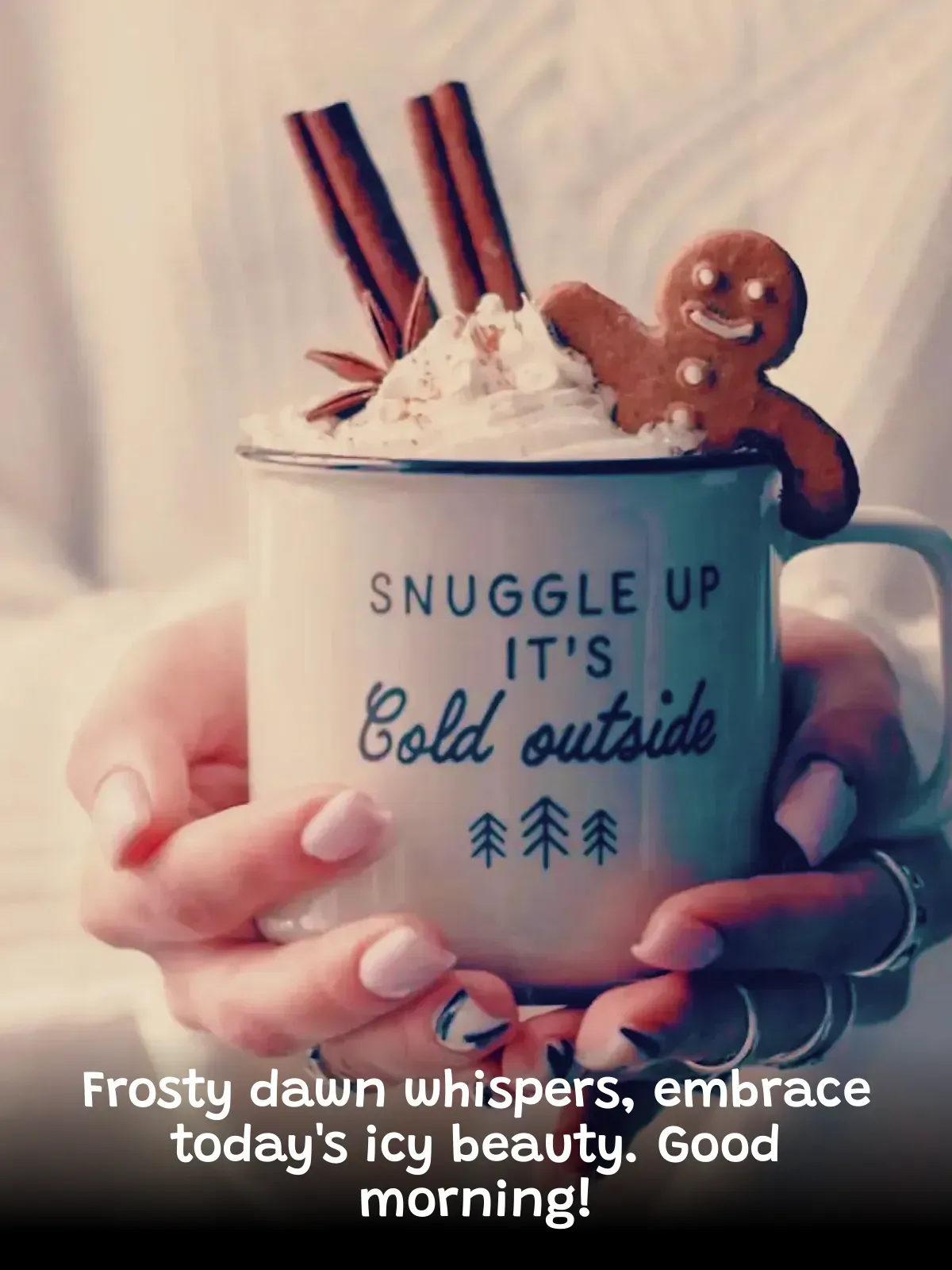 Cozy indoor scene with a person holding a mug of hot chocolate
