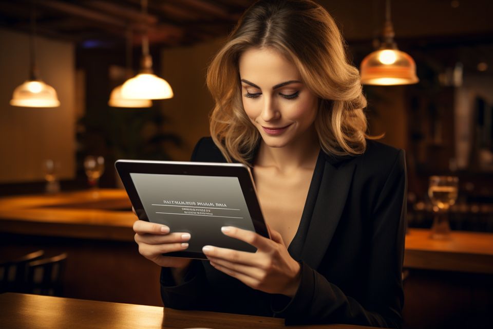 Woman reading FAQs on a tablet