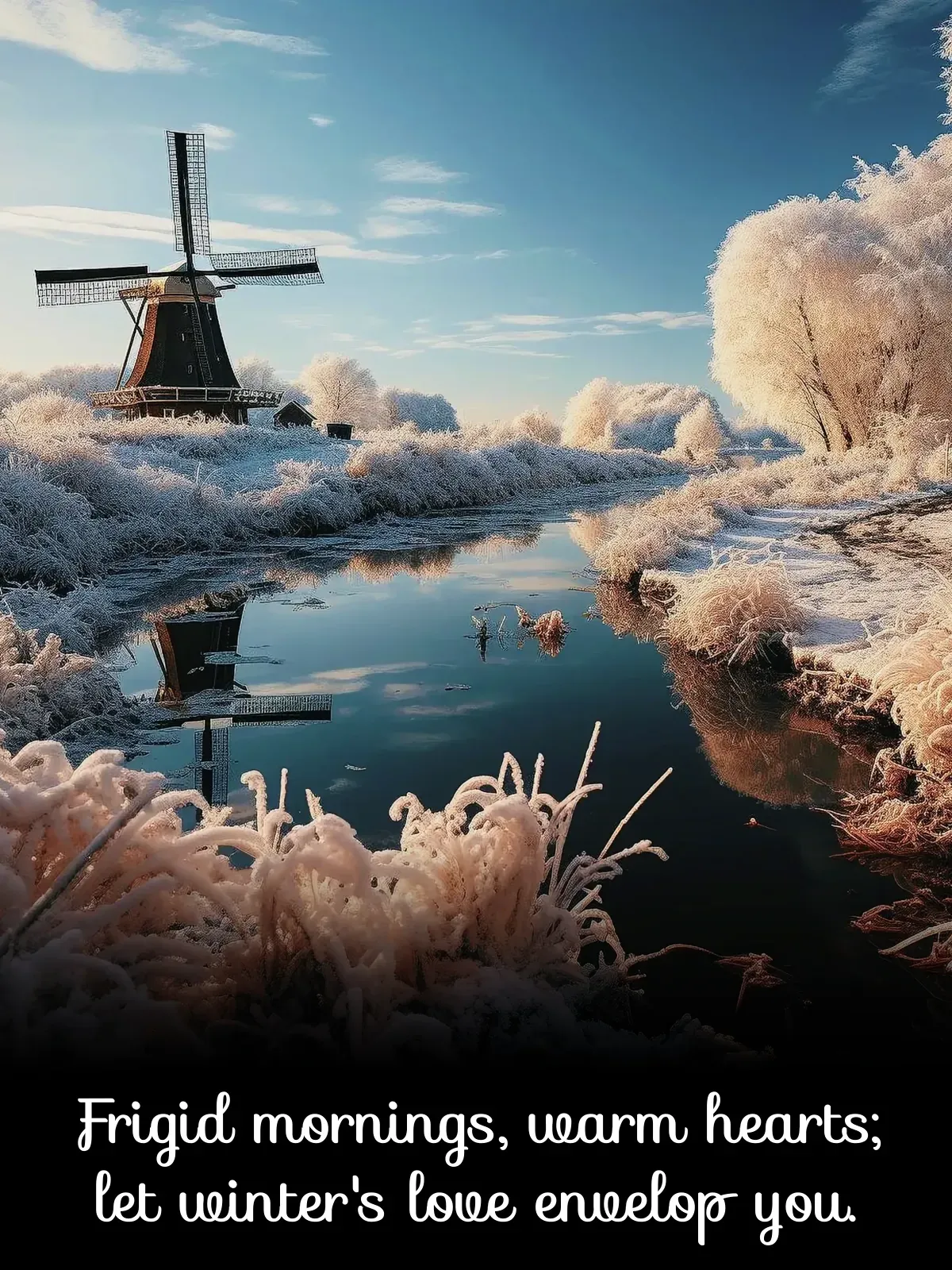 A serene winter landscape with a windmill and a calm river partially covered in snow