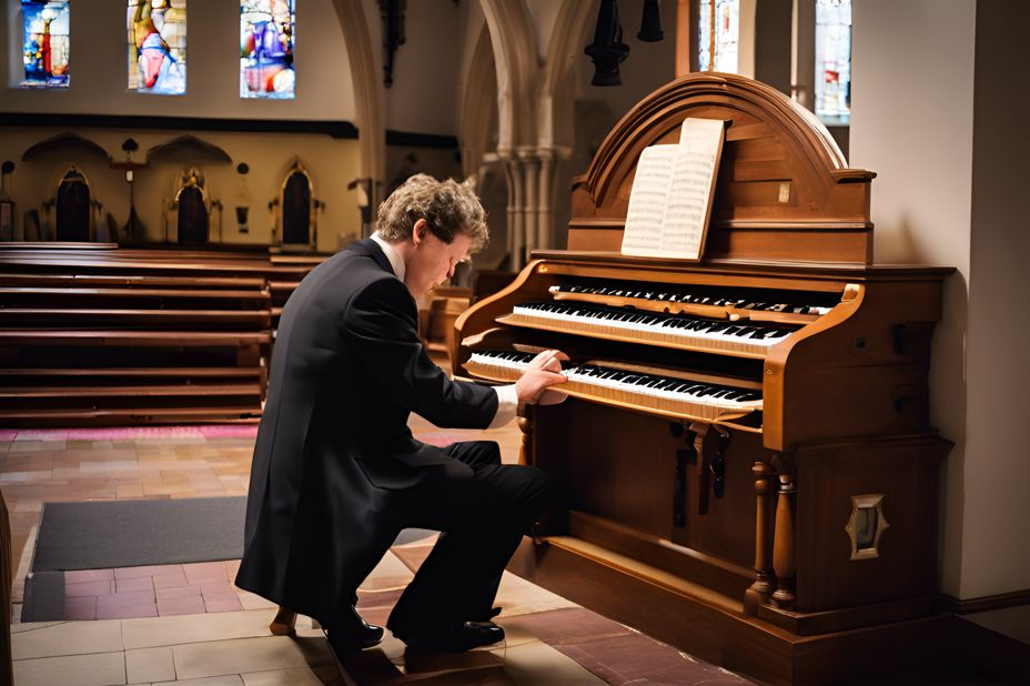 A music minister playing organ in a church service
